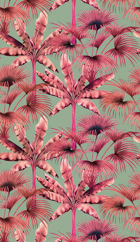 Vliesová napájateľná štrukturovaná tapeta, Ružové exotické palmy v šedom
